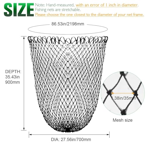 Dovesun Fishing Net Fish Landing Net Foldable Fishing Replacement Net for Freshwater Saltwater Fishing Net Replacement Netting Green/Black 2 Colors Handle/Frame Not Included - color: Black, size: 27.56" dia-35.43" depth(86.53" Circumference)