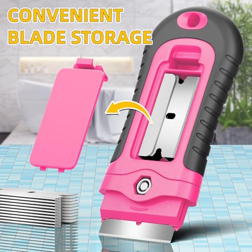 DIYSELF 1 Pack Razor Blade Scraper with 15 Extra Blades, Scraper Tool for Cleaning Window, Paint, Cooktop, Oven, Glass Stove Top Scraper, Razor Scraper with Buit-In Blade Storage (Pink) - color: Pink, size: 1 Pack