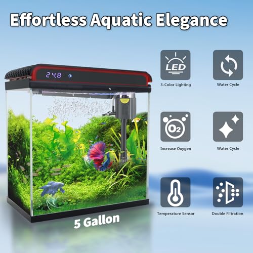 Glass 5 Gallon Fish Tank Aquarium - Smart Self-Cleaning Starter Kit with 3-Color LED Light, Ultra Quiet Pump & Filter, Temperature Monitoring for Betta Fish and Shrimp - size: 5 Gallon