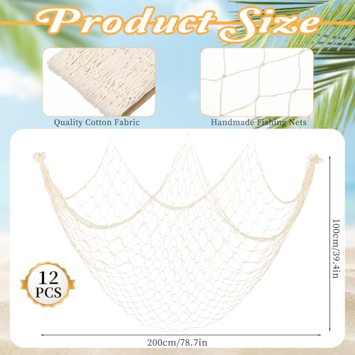 12 Pack Fish Net Decorations, 80 x 40 Inch Natural Cotton Rope Fishing Net Decorative for Under The Sea, Beach, Tropical, Nautical, Pirate, Ocean, Hawaiian Theme Table Runner, Balloon Arch Holder