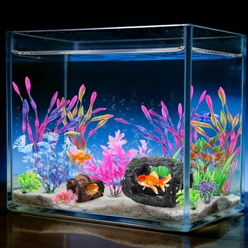 QUOZUO 16 Pcs Aquarium Artificial Plastic Plants Decorations and Broken Barrels Set, Colorful Fish Tank Accessories Hideout Ornaments Aquarium Decor Set
