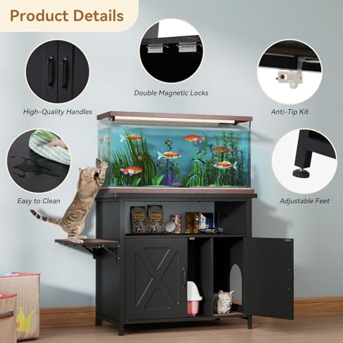 Verano Garden 40-50 Gallon Fish Tank Stand with Hidden Cat Litter Box Enclosure Furniture, Cat Viewing Aquarium Stand with Storage Shelf & Side Cat Perch, 36.2"x20.5" Tabletop, 660 LBS Capacity - color: Black