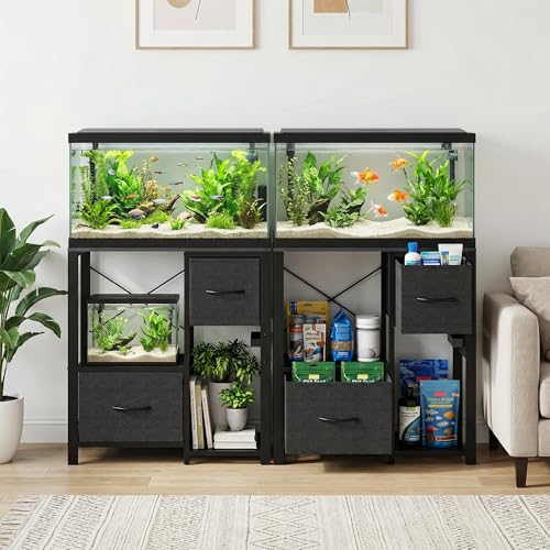 20-37 Gallon Aquarium Stand with Power Outlets & 2 Storage Drawers, Heavy Duty Metal Fish Tank Stand for Fish Tank Accessories, 3 Tier Tank Stand Fish Tank Shelf, 400lbs Capacity, Black