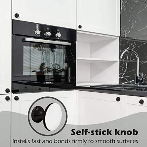 6 Pack Self-Stick Knobs Brushed Brass Self-Adhesive Drawer Knobs Aluminum No Drilling Cabinet Handle Pull with Adhesive Stick On Handle for Cupboard Fridge Dresser Window 6pcs (Black, 1-1/10")