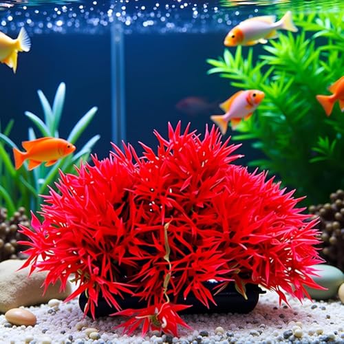 2Pcs Red Artificial Flowers, Fake Flowers, Artificial Pine with Base Grass Fish Tank Ornament Aquatic Plant Landscape Decor, Aquarium Décor
