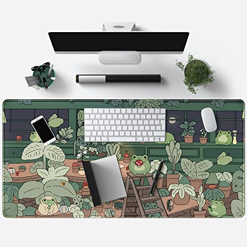 Cute Frog Mouse Pad Desk Pad Kawaii Green Desk Decor Mat, Large Gaming Mouse Pad for Desk Computer Keyboard Laptop, Home Office Accessories for Girl (31.5x15.7 in)-with Stitched Eges Pad - color: Green Bean Frog