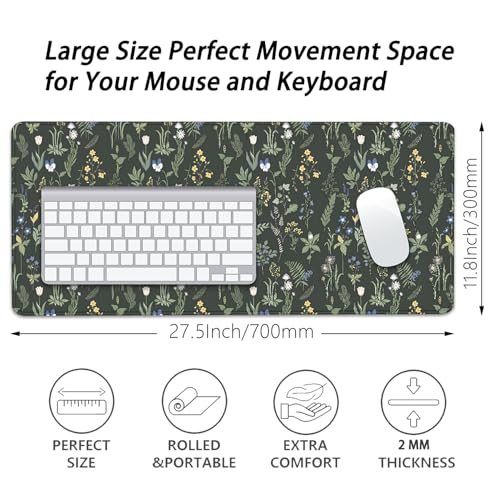 Green Plants Flowers Desk Pad Mouse Pad,Large Floral Mouse Mat with Stitched Edges,Non-Slip Rubber Base Elegant Mousepad for Office PC Keyboard Laptop and Home Work Desk Mat(27.5X11.8 in) - color: Green plants and white flowers