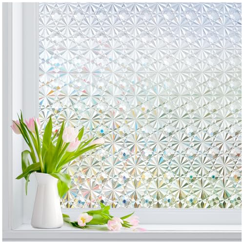 Windimiley 3D Diamond Frosted Window Privacy Film, Static Cling Decorative Glass Covering, No Glue Removable Vinyl, UV Blocking Heat Control for Bathroom Bedroom Door, 11.8 x 78.7 inch