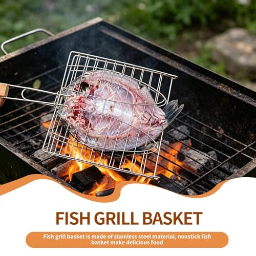 Fish Grill Basket, Stainless Steel Fish Grilling Rack Non Stick for Outdoor Grill Vegetables BBQ Grilling Rack for Oven Veggies Shrimp Cooking Accessories Outdoor Camping