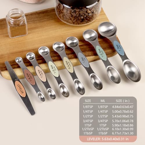 ChefAide Pack of 8 Stainless Steel Magnetic Measuring Spoons Set, Dual Sided, Stackable, Adjustable Teaspoon and Tablespoon Measure Spoon with Leveler, Kitchen Gadgets - color: Multicolor-7, size: Magnetic Measuring Spoons
