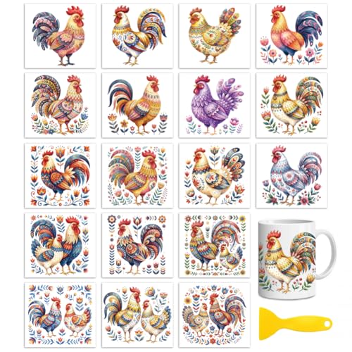 Peacoblue 18 Sheets Rub on Transfers for Crafts, Nordic Folk Chickens 3.6"x3.9" UV DTF Cup Wraps Waterproof Cold Transfers Stickers for Wood Glass Metal Cup Tumblers Mirrors Mugs Home Decor - style: Nordic Folk Chickens