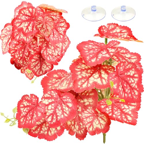 QUOZUO 2 Pack Reptile Plants for Terrarium, Artificial Leaves Habitat Decorations with Suction Cups, Terrarium Hanging Plants Vines for Bearded Dragons Lizards Snake Geckos Frogs - Red - color: Red