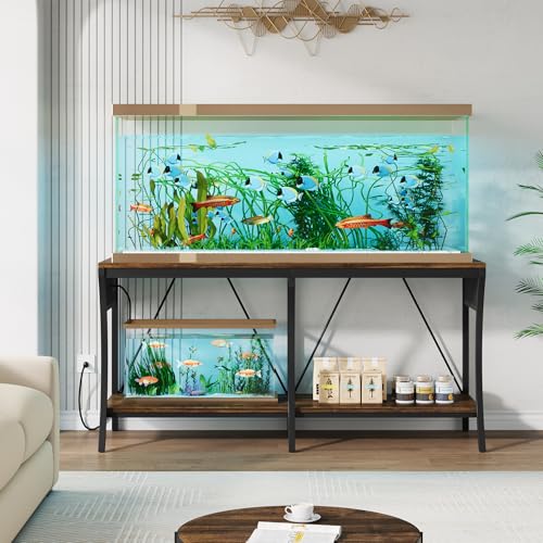 55-90 Gallon Fish Tank Stand with Power Outlets, 2-Tier Aquarium Stand with LED Light Strip & Open Storage Shelves, Heavy Duty Metal Table for Reptile Tank, 1150 LBS Capacity - color: Brown and Black