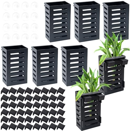 Aquarium Plant Holder Set, 8 Plastic Pots with 48 Hooks and 32 Suction Cups, for Live Plants and Fish Tank Decorations
