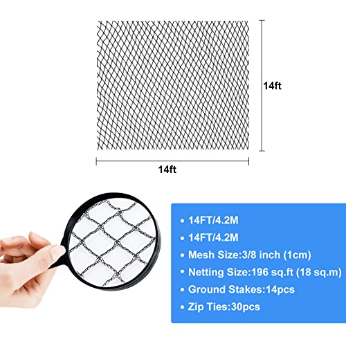 BUZIFU Pond Netting, 14 x 14 FT Pond Net for Koi Ponds, Garden Pool Fine Mesh Pond Netting for Leaves, Protects Koi Fish from Birds Cats Predators, with 14 Stakes and 30 Cable Zip Ties - size: 14x14FT