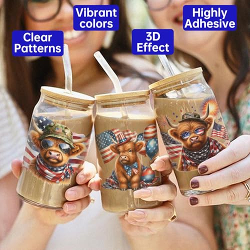 4 PCS Patriotic Highland Cows UV DTF Cup Wrap High Viscosity Stickers for Glass Mugs Notebooks Laptops - style: Patriotic Highland Cows