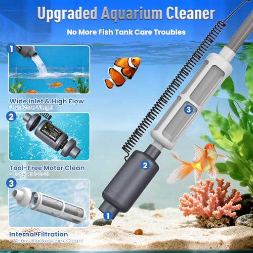Cordless Aquarium Vacuum Gravel Cleaner: 36W Electric Rechargeable Fish Tank Cleaner with 4 Adjustable Suction, Anti-Clog for Debris Clean & Sand Washing,Automatic Water Changer for Small/Large Tank - color: Gray