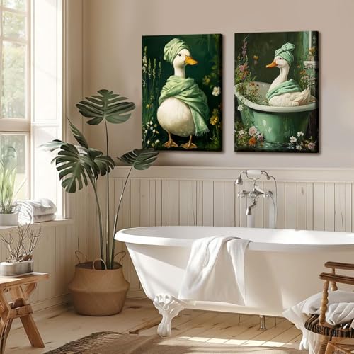 2 Pcs Dark Green Duck Canvas Wall Art Botanical Moody Wildflowers Posters Print Spa Duck in Bathtub Pictures Artwork Vintage Floral Wall Paintings for Bathroom Toilet Restroom Decor 16x24 Inch
