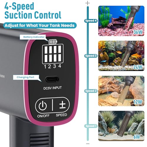 Electric Aquarium Vacuum Gravel Cleaner: Rechargeable Fish Tank Cleaner with 4 Adjustable Suction, Anti-Clog for Debris Clean & Sand Washing,Automatic Water Changer with 12V Safe for Small/Large Tanks