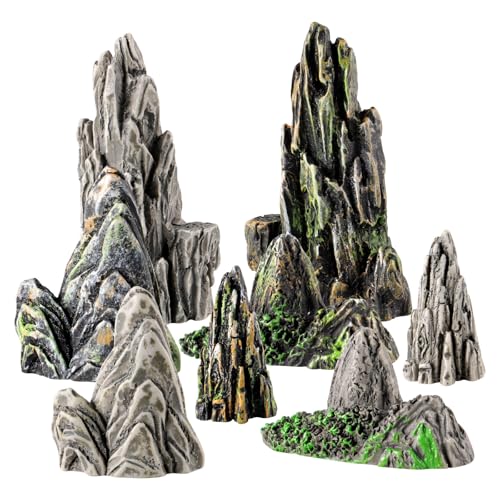Amosfun 8pcs Resin Mountain Rockery Mini Landscape Garden Bonsai Ornaments Aquarium Decoration Rocks 1.49x0.62 Inches