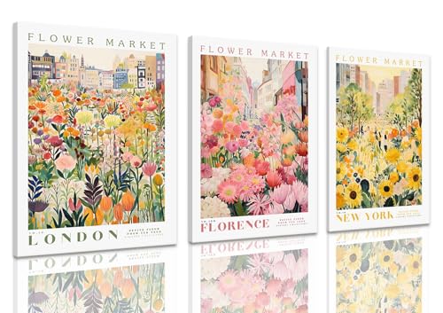 XLARTMY Flower Market Wall Art Print Canvas Framed Yellow Pink Floral Paintings Colorful Botanical Sunflower Artwork Travel Poster for Decor Picture 3 pieces for Living Room Bedroom Bathroom 12x16in - color: Flower Market-2, size: 12x16in Canvas