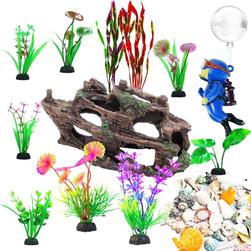 Aaquarium Accessories, Fish Hideout Cave, Tank Shipwreck Decor | Resin Sunken Ship Ornament Fish Castle Decor Set with 10 Artificial Aquatic Plants, 30-40 Seashells, 1 Floating Diver - color: Broken Ship