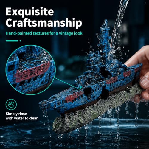 Mipukbay Shipwreck Aquarium Decorations, Resin Fish Tank Artificial Rock Ornament for Freshwater/Saltwater, Safe Landscape Hideout for Betta Fish, Goldfish and Aquatic Pets - size: Shipwreck