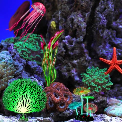 Frienda 8 Pieces Glowing Effect Fish Tank Decorations Artificial Plants with 2 Style Glowing Kelp, Sea Anemone, Simulation Coral, Jellyfish, Lotus Leaf, Mushroom for Aquarium Ornament(Purple, Pink) - color: Purple, Pink