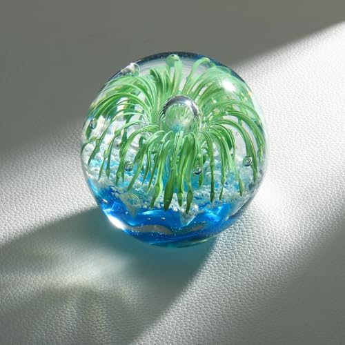 PATIKIL Glass Paperweight, 3.5'' Blown Glass Decor Crystal Ball Rainbow Light Effect Desktop Decor Fish Tank Ornament Unique Handmade Art Ocean Sculpture for Home Office, Green - color: Green