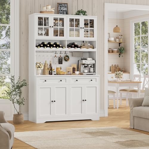 HOSTACK 75.4" Tall Kitchen Pantry Cabinet with Charging Station, Modern White Kitchen Hutch with Microwave Stand and Wine Racks, Large Food Pantry Storage Cabinet with Glass Doors and Drawers, White - color: White
