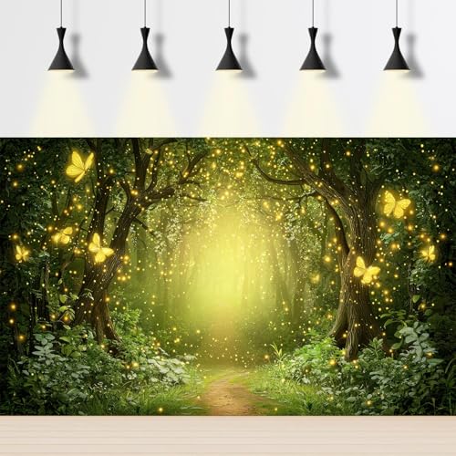Fairy Tale Woodland Aquarium Background Fantasy Forest Mystical Fireflies Fish Tank Background Serene Tranquil Forest Night Scenery Terrarium Backgrounds Foggy Forests Reptile Tank Backgrounds 24x12in - color: Warm Green, size: 24(W)x12(H)in