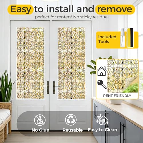 OHTMERU 3D Stained Glass Window Privacy Film, Heat Control UV Blocking Static Cling Decorative Window Film for Bathroom,Front Door,Home Non Adhesive 16.9 x 39.3 inches Golden Filigree - color: Golden Filigree, size: 16.9 x 39.3 inches