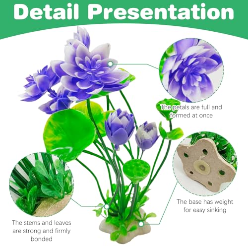Hamiledyi 2 Pcs Artificial Lotus Flowers with Small Artificial Seaweed Plants Fish Tank Plastic Plants Decorations Purple and White-Purple Blossoms Artificial Water Plants Perfect for Aquarium Decor