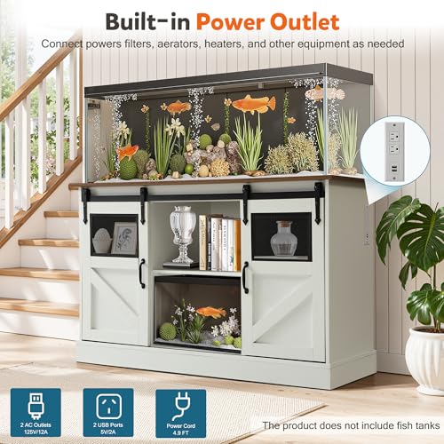 Fish Tank Stand with Power Outlet, Aquarium Stand w/Sliding Barn Doors, 55-75 Gallon Fish Tank Stand w/Cabinet for Accessories Storage for 2 Fish Turtle Tank Reptile Terrarium, 1000 LBS (White) - color: White