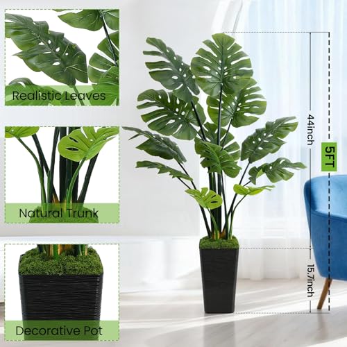 UPBUD Artificial Monstera Deliciosa Plant, 5FT Fake Monstera Tree with 12 Lifelike Leaves & Black Pot, 60in Tall Faux Floor Trees Fake Plants for Indoor Office Porch Living Room Windowsill Decor - color: Green Leaves Black Planter