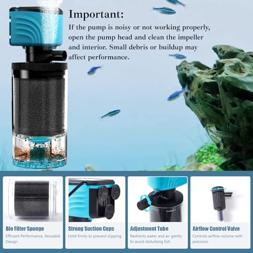 Submersible Aquarium Filter, Upgraded 15-50 Gallon Fish Tank Filter with Fish Guard, 220GPH Internal Whisper Pump, Fresh/Saltwater, Debris Tray, Check Valve, 8-Inch