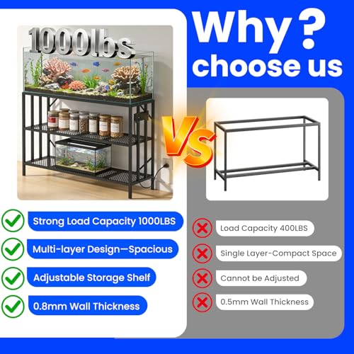55-75 Gallon Aquarium Stand with Built-in Power Outlet, Heavy Duty 3 Tier Fish Tank Stand with Adjustable Storage Shelf, Metal Frame Holds 1000 LBS, Stable Anti-Slip Design (75-55 Gallon with Power Outlets)