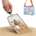 Beach Mesh Shovel & Sifter with Bag - Stainless Steel Sand Filter Scooper for Shark Tooth, Shell & Fossil Hunting, Beachcombing Tool with Mesh Collection Bag