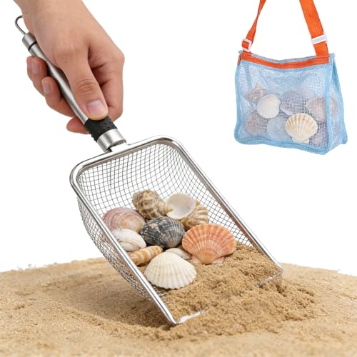 Beach Mesh Shovel & Sifter with Bag - Stainless Steel Sand Filter Scooper for Shark Tooth, Shell & Fossil Hunting, Beachcombing Tool with Mesh Collection Bag