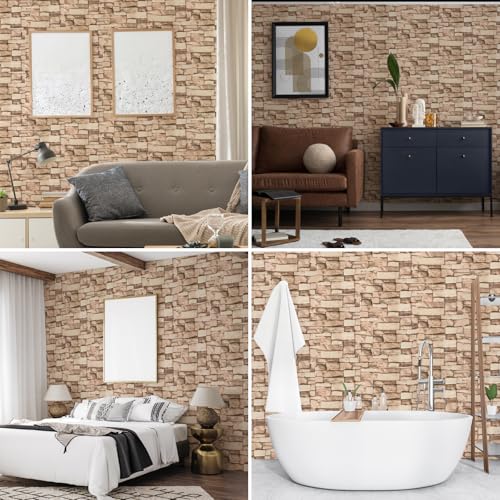 30 Pack 3D Wall Panels Peel and Stick, Waterproof Foam Stone 3D Wallpaper, Self Adhesive Foam Wallpaper for Bedroom Bathroom Kitchen (13.7 * 15.1in) - color: Rock Brick, size: 30 PACK