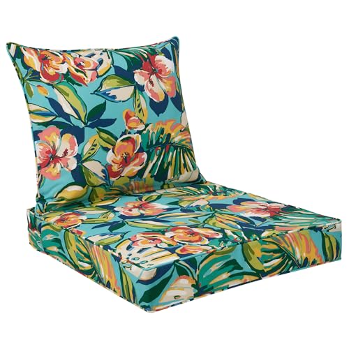 FUNHOME Outdoor Seat Cushion Set 24 x 24 x 4 Inch,Water Resistant Outdoor Chair Cushions for Patio Furniture,Thick Deep Seating Pads for Outside Chair Sofa Couch, Rosario Flower Leaf - color: Rosario Flower Leaf
