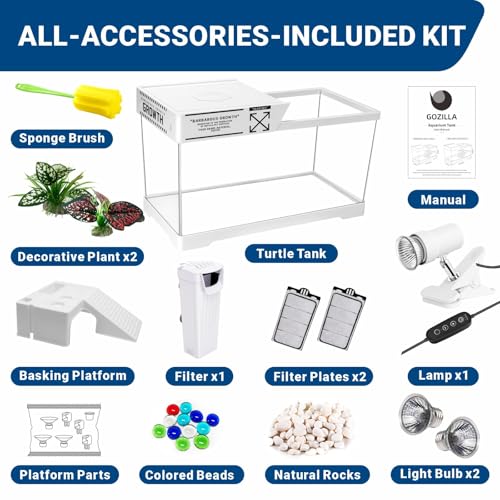 GOZILLA Turtle Tank Kit+Lamp+Filter, Upgrade PC Turtle Tank Starter Kit with Adjustable Lamp & Filter,Reptile Habitat with Lid,Basking Platform for Small Reptiles(19.68× 9.52× 9.44''/White-Large-Kit) - color: Large-White-KIT