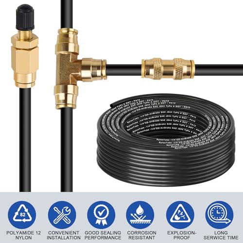 1/4" OD x100FT DOT Air Line Black SAE J 844 PA12 Nylon Air Brake Tubing with Cutter and Teflon Tape, Pneumatic Nylon Air Line Hose for Semi Truck Trailer Air Brake System & Fluid Transfer - size: 100FT-1/4"OD