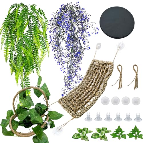 8PCS Bearded Dragon Hammock Reptile Basking Platform Rock Reptile Artificial Plants Leaves & Vines Lizard Habitat Decor Terrarium Tank Accessories for Hiding & Climbing Snake Gecko Bird Chameleon