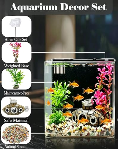 Aquarium Decor Set for Small Desktop Tanks, Includes Submarine Hide Cave, Artificial Plants, Stones & Fish Net, All-in-One Decorations Accessories for Betta, Shrimp & Cichlids