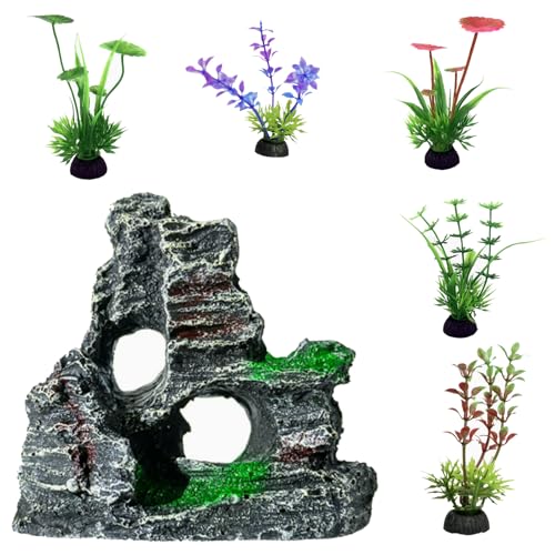 6-Piece Aquarium Plant Set with 5 Green Artificial Plants and Resin Cave Decorations for Betta Fish, Goldfish, and Shrimp for Breeding, Playing, and Resting