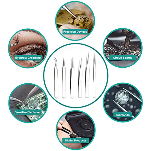 H&W Precision Tweezers 6PCS Set, Upgraded Anti-Static Stainless Steel Curved of Tweezers, for Electronics, Laboratory Work, Jewelry-Making, Craft, with Storage Bag - color: Silvery