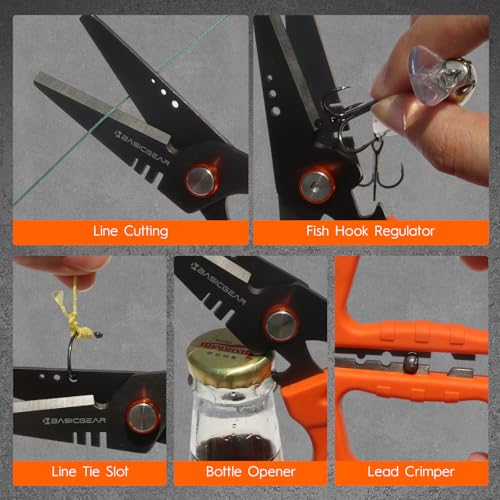 BasicGear Fishing Multi-Tool Scissors – Titanium-Coated, Stainless Steel, Multi-Tool Cutter with Hook Adjuster, Screwdriver, Bottle Opener, Sheath & Non-Slip Grip for Saltwater or Freshwater Use - color: 440a Stainless Steel