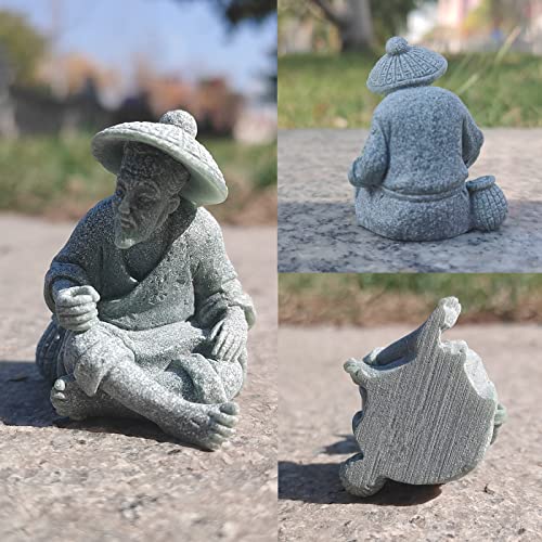livelyfish Mini Fisherman Statue Asian Zen Decoration Sitting Fishing Figurines Sandstone Vintage Ornament for Aquarium Fish Tank Pot Garden Home Japanese Decor (A) - color: A