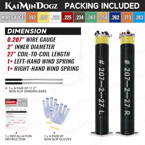 Pair of 2" Garage Door Torsion Springs Set with Non-Slip Winding Bar & Gloves,High Precision Electrophoresis Black Coated, for Replacement & Installation, MIN 16,000 Cycles (0.207x2''x27'') - size: 0.207X2"X27"